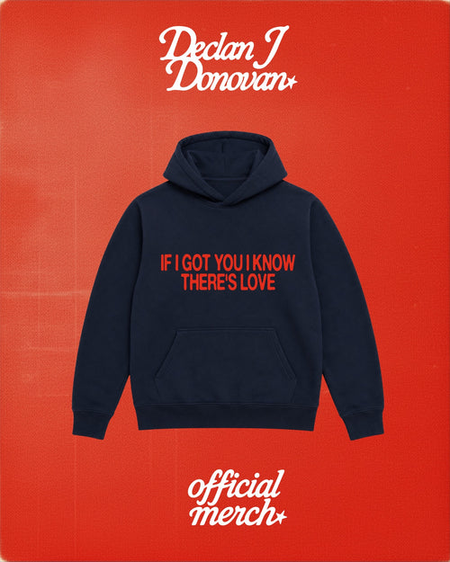 Navy Tour Hoodie on red official merch background